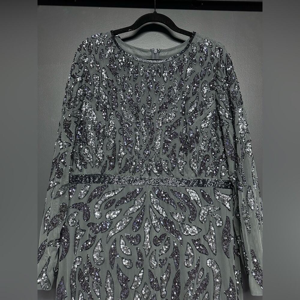 NWT Mac Duggal 5124 Beaded Long Sleeve Evening Gown Charcoal 18 - Picture 4 of 8